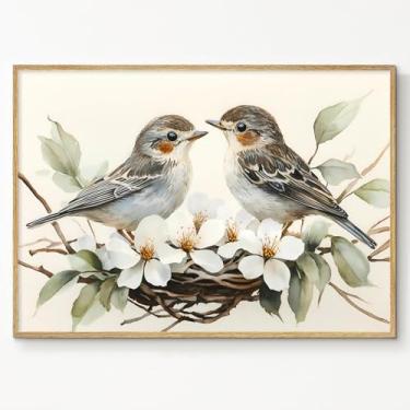 Imagem de Quadro de pássaro marrom ramos pássaro tela arte de parede pardal amor pássaros tela bonito vintage Chickadee pôster abstrato pardal arte de parede floral bonito animal imagem pássaros ninho sala de
