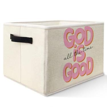 Imagem de Yhtrg Cesta de armazenamento cristã rosa com alças, God is Good All the Time, versículo da Bíblia, religioso, dobrável, de tecido, organizador para meninas, dormitório, quarto, banheiro, roupas