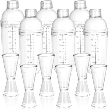 Imagem de Conjunto de 12 coqueteleiras de plástico, incluindo 6 misturadores transparentes de 700 ml, com escamas e coador, 6 jigger de medição dupla para coquetéis, café, bebidas, suco de leite, cozinha, festa