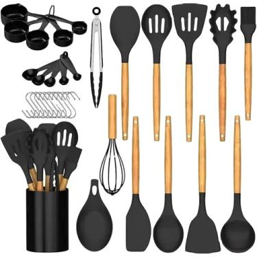 Imagem de Feuora Conjunto de utensílios de cozinha de silicone, 33 peças – resistente ao calor de 230 °C, antiaderente, livre de BPA, cabos de madeira, espátula, espátula, pinça, colher, pincel, batedor