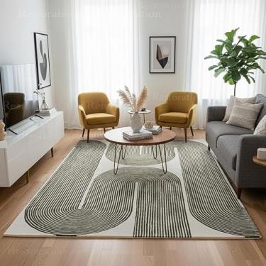 Imagem de Restoration and Renovation Tapete de lã adornado à mão moderno, dourado, tinta e oliva com design geométrico e listrado | Perfeito para decoração de sala de estar e sala de jantar (azeitona, 9 x 1,5 m