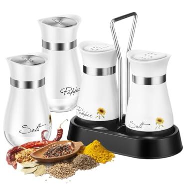 Imagem de KHZSPP 4 conjuntos de saleiro e pimenteiro de vidro e aço inoxidável com suporte, dispensador de temperos de 118 ml com 11 furos, fundo de vidro para temperar sais marinhos de pimenta preta (estilo 1)