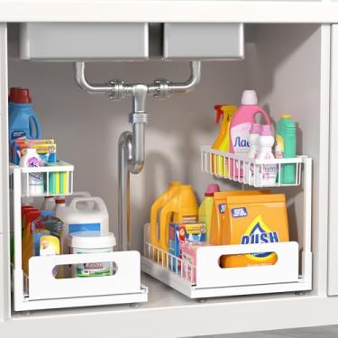 Imagem de Organizador sob a pia, organizador de armário removível 2 camadas prateleiras de armazenamento de prateleira de pia deslizante, organizadores de cozinha e banheiro, metal (branco, pacote com 2 - 36,5