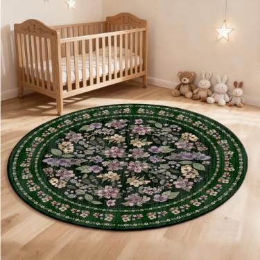 Imagem de Tapete redondo floral vintage de 1,2 m, pequeno, circular, lavável, tapete antiderrapante para quarto, quarto de crianças, escritório, entrada, faculdade, dormitório, banheiro, verde