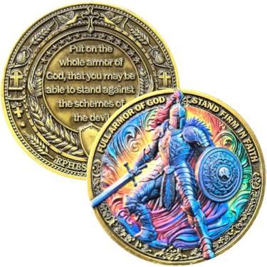 Imagem de Armor of God Challenge Coin 1.57" Zinc Alloy with Case – Full Armor Knight, Stand Firm in Faith, Ephesians 6:11 Verse Back, Christian Pocket Token for Daily Courage