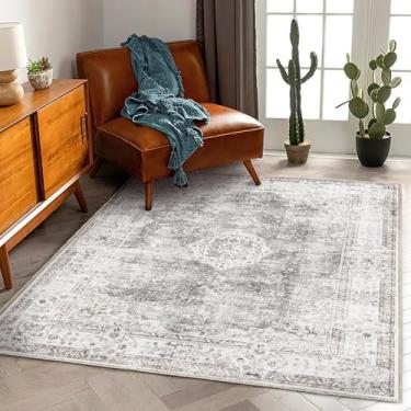 Imagem de CHAMPLANT Tapete de área lavável, 1,2 m x 1,8 m, vintage, tradicional, dobrável, tapetes finos, retrô, cozinha, interior, desgastado, antiderrapante, tapete com estampa floral, quarto, sala de estar