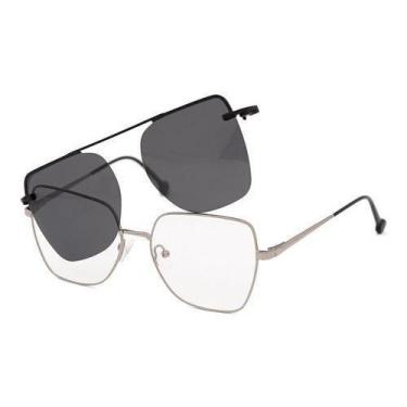 Imagem de Armação Óculos Grau Feminino Gardênia Grafite 2 Em 1 Clipon - Shark Óc