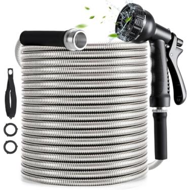 Imagem de Mangueira de jardim resistente de 30,5 m, mangueira de água de aço inoxidável 304 com bocal de 10 funções, conectores giratórios de 3/10.2 cm, mangueiras de jardim de metal - sem dobras, leve