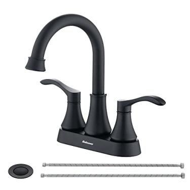 Imagem de Rainovo Torneira de pia de banheiro com 2 alças, preto fosco 3 furos centrais RV torneiras de banheiro, com conjuntos de dreno pop-up de aço inoxidável