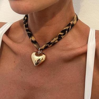 Imagem de Colar de coração para mulheres, bandana de leopardo, com pingente, moda, elegante, acessório, presentes de amizade, presentes de Natal, joias, Medium, Latão, Sem Pedra Preciosa