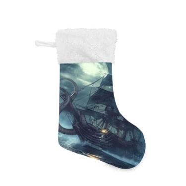 Imagem de ATTX 1 pacote de meias de Natal de navio pirata com punho de pelúcia branco - Decoração de Natal para presentes, meia de 42 polegadas (420)