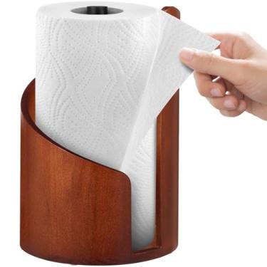 Imagem de Suporte de toalha de papel de bancada de montanha, base redonda de madeira de manga com suporte de ferro, design de capa espiral moderno, rasga com uma mão sem esforço, comporta rolos jumbo e mega