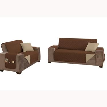 Imagem de Kit 2 Peças Capa Protetora Manu Matelado para Sofá King 2 e 3 Lugares – Dupla Face Cáqui/Marrom