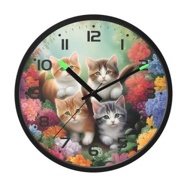 Imagem de SEHANY Relógio de parede de gato fofo, silencioso, sem tique-taque, operado por bateria, controle de som, luz noturna, relógios de parede para sala de estar, cozinha, quarto, escritório, decoração de