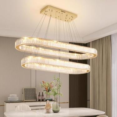 Imagem de Lustre de cristal moderno e luxuoso - Luminária pendente longa para restaurante, café, bar e sala de jantar residencial (Deluxe - Círculo duplo 70 + 50 cm)