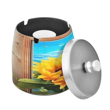 Imagem de Blueangle Cinzeiro de borboleta de girassol com tampa para cigarros, à prova de vento/chuva, aço inoxidável, sem fumaça, inodoro, cinzeiro para uso interno ou externo (428)