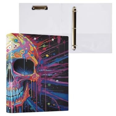 Imagem de ATTX Fichário de caveira colorida com 3 anéis de 3 cm para papel tamanho carta, 21,6 cm x 28 cm, fichários de três anéis com prancheta para material de escritório #75
