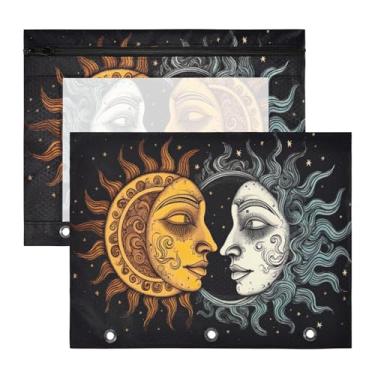 Imagem de Blueangle Bolsa para lápis de sol e lua para fichário de 3 anéis, 2 pacotes com bolsa de lápis com janela transparente para documentos com zíper para escritório (781)