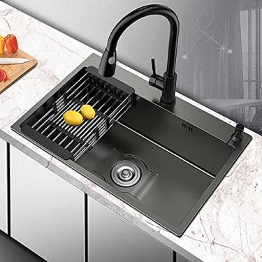 Imagem de HGTRH Pia de cozinha Retangular, Pia Embutida Aço inoxidável, Pia de Aço Inoxidável Preto Dispensador de Sabão Sifão Conjunto de Sobreposto e de Drenagem para Montagem na Superfície