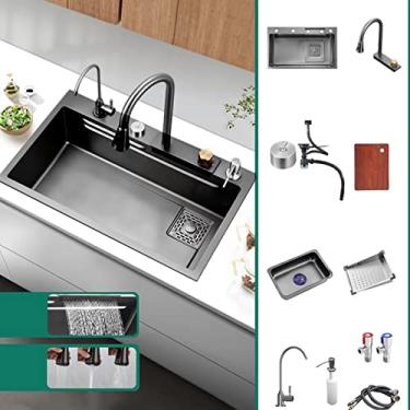 Imagem de HGTRH Lava-louça cozinha 1 seio com escorredor, lava-louça em aço INOX preto, nano antibacteriano inoxidável lava-louça um peito fácil de limpar, sobre bancada, sob bancada ou embutido, com cascata