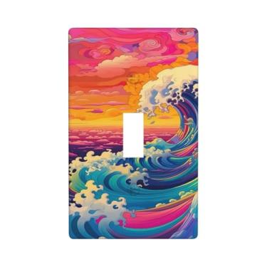 Imagem de Placa decorativa de parede para interruptor de luz colorida ondas únicas, 1 placa de interruptor de grupo e capas de tomada 7 x 11,4 cm para quarto, banheiro, cozinha, decoração de casa