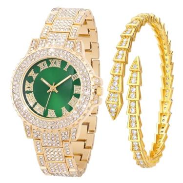 Imagem de Kchss Relógios femininos com diamantes completos, dourado, verde, strass, quartzo, cristal, aço inoxidável com pulseira