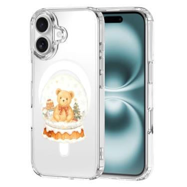 Imagem de MAYCARI Capa de telefone de Natal para iPhone 16 Plus compatível com ímã bola de cristal ursinho de pelúcia transparente capa de telefone magnética para meninas mulheres capa protetora de TPU macio à