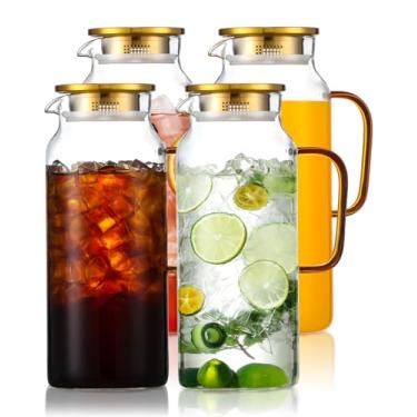Imagem de Pacote com 4 jarras de vidro de 2 litros com tampa, jarras de água com alça para geladeira, jarro grande para chá gelado, café, jarra de vidro borossilicato para bebida quente/fria e bebidas caseiras