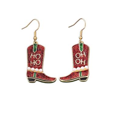Imagem de Brincos femininos de Natal HoHoHo Botas de cowboy com gancho e argola de imitação de pérolas de imitação de vaqueira ocidental, acessórios para fantasia de fantasia, brinco pendente, joia de Natal