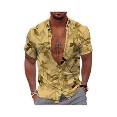 Imagem de Camisa Masculina Estilo Havaiano Com Estampa De Flores Pretas E Dourad