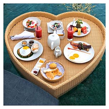Imagem de Bandeja de servir flutuante mesa de piscina, mesa de café da manhã flutuante em forma de coração, bandeja de buffet de servir, suportes de bebidas para piscina ou festa na praia, boia e refresco (cor