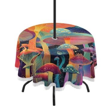 Imagem de CEBUGI Toalha de mesa redonda para uso ao ar livre, cogumelo, impermeável, com furo Umberlla, capa de mesa lavável para pátio, cozinha, sala de jantar, 152 cm