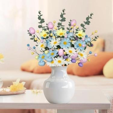 Imagem de Fymlhomi 6 hastes artificiais de Páscoa com ovos, margarida, eucalipto, palitos de flores de Páscoa artificiais de primavera para vaso, mesa de Páscoa, decoração de casa, vaso de festa, decoração de