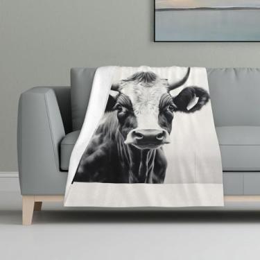 Imagem de ZTPOWQA Cobertor de flanela quente e aconchegante com estampa de vaca em preto e branco para cama, sofá, viagem, acampamento, lavável, inverno, outono
