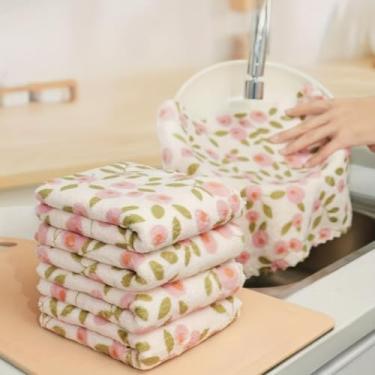 Imagem de Pacote com 2 panos de limpeza de lã coral, toalhas multiuso de alta absorção e secagem rápida para cozinha, banheiro, vidro e cuidados com o carro (padrão coral rosa e dourado)