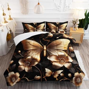 Imagem de AILONEN Conjunto de edredom de borboleta, tamanho casal, borboleta floral dourada, conjunto de edredom para meninas e mulheres, colcha de microfibra macia com 2 fronhas, 3 peças