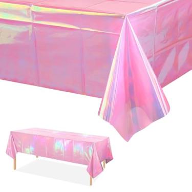 Imagem de ORNALES Pacote com 3 toalhas de mesa iridescentes rosa, toalhas de mesa descartáveis holográficas com brilho, 137 x 274 cm, adequadas para decorações de aniversário, casamento e festas de fim de ano