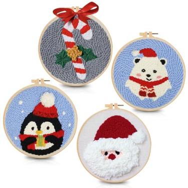 Imagem de UTIVO 4 conjuntos de kits de bordado de Natal para iniciantes, kits de ponto cruz de Natal para iniciantes com padrão, agulhas, argola, fios, kits de artesanato, (Candy Cane+ Pinguim + urso + Papai