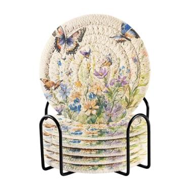 Imagem de SEHANY Elegante conjunto de 6 porta-copos de flores de borboleta com suporte, porta-copos redondos absorventes de algodão resistente ao calor para mesa de jantar, canecas de café, 10 cm