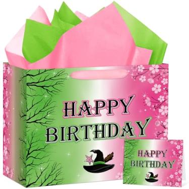 Imagem de Hooqict Bolsa de presente grande rosa e verde para presente de aniversário de bruxa com alças, papel de seda, cartões comemorativos para meninas, amizade, princesa, bruxa, lembrancinhas, tema de filme