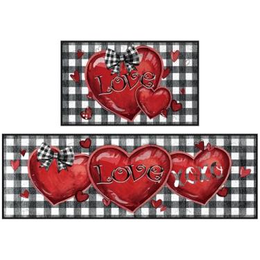 Imagem de Bencailor Tapete de cozinha para o dia dos namorados, tapete de porta de boas-vindas com coração vermelho, antiderrapante, lavável, decorativo, tapete absorvente, tapete para decoração de casa de