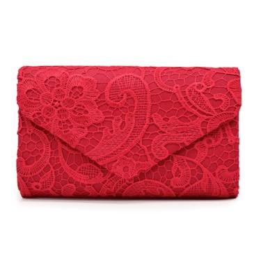 Imagem de Bolsa para noite com aba envelope de cetim em tecido floral Paisley de renda premium, Vermelho, One Size