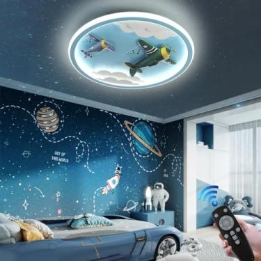 Imagem de Luminária de teto LED moderna e criativa com design de avião de desenho animado azul, 56W, para quarto de bebê, com controle remoto, luminária de teto dimerizável para quarto de menino ou me