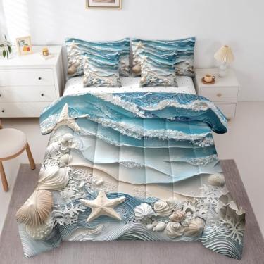 Imagem de Erosebridal Conjunto de cama náutica litorânea natural, oceano, praia, náutico, para decoração de quarto de crianças, meninos, meninas, estrela-do-mar, concha coral, conjunto de edredom Queen, 7 peças