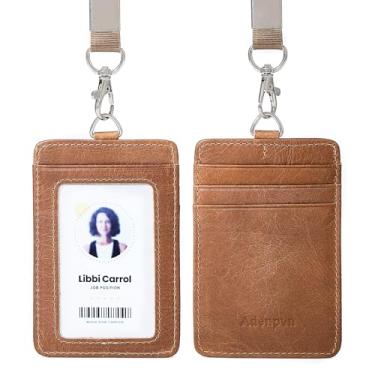 Imagem de Porta-crachá de identidade de couro genuíno com cordão, suporte de cartão de identificação macio, até 20 cores e grãos de couro para escolher, de vários compartimentos para cartões, estojo de crachá