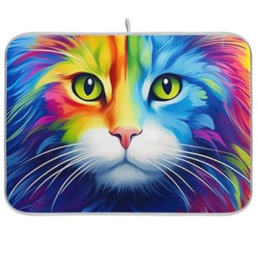 Imagem de Tapete de secagem de pratos de gato arco-íris, 40,6 x 45,7 cm, tapete de escorredor de pratos, reversível para balcão de cozinha, decoração de casa de férias