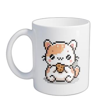 Imagem de Caneca Xícara de Café Porcelana 300ml Com Desenho De Gato Comendo Bolo