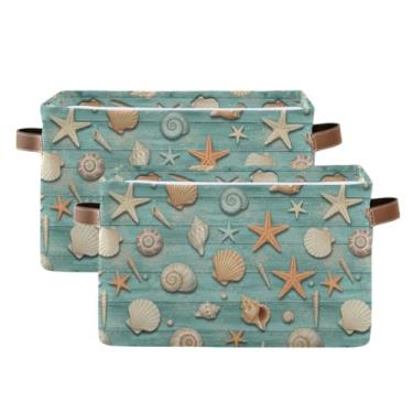 Imagem de Cesta de armazenamento de 36 cm com alças – Cestas de armazenamento decorativas de tecido dobrável para escritório em casa, quarto, estrela-do-mar, turquesa, pacote com 2