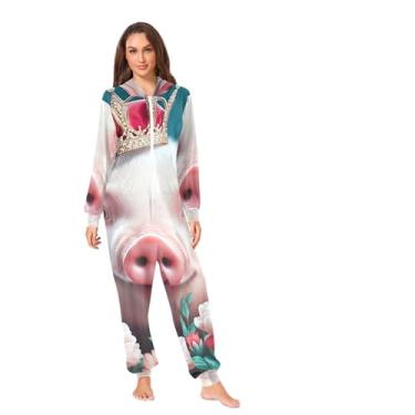 Imagem de TSENQUE Pijama fofo de porco rosa vívido macacão adulto de corpo inteiro masculino floral feminino peça única PP, Rosa porco fofo vívido, X-Small