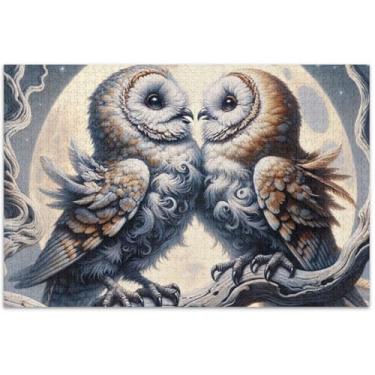 Imagem de Quebra-cabeça de corujas fofas pássaros amor 500 peças adultos elefante branco mordaça presente pintura de belas artes, 50 x 37 centímetros